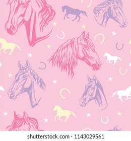 Colorful vector seamless pattern with stars, horseshoes and decorative portraits of  horses, on pink background
