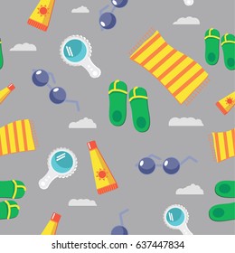 Colorful vector seamless pattern with summer associates objects: glasses, mirror, sun cream, slippers, towel. Beach rest and tourism concept. May be used in identity, textile or web designs