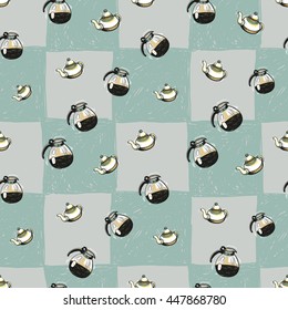 Colorful vector seamless pattern with teapot and cafetiere elements on plaid background. Illustration in sketched, hand drawn style.