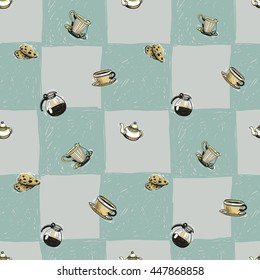 Colorful vector seamless pattern with teapot, cafetiere, coffee cup, cup of tea, biscuit elements on plaid background. Illustration in sketched, hand drawn style.