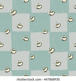 Colorful vector seamless pattern with teapot elements on plaid background. Illustration in sketched, hand drawn style.