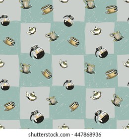 Colorful vector seamless pattern with teapot, cafetiere, coffee cup, cup of tea elements on plaid background. Illustration in sketched, hand drawn style.