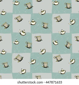 Colorful vector seamless pattern with teapot and cup of tea elements on plaid background. Illustration in sketched, hand drawn style.