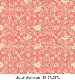 colorful vector seamless pattern tile in beautiful peach and beige colors with symmetrical floral and foliage drawing for textile, fabric, backgrounds, wallpaper and classic surface design templates. 