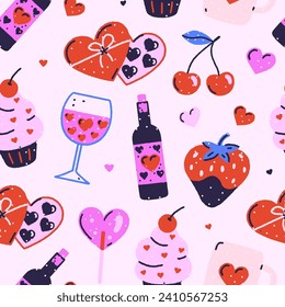 Colorful vector seamless pattern of wine, strawberry, cherry, cake, candies on light background. Love and sweets. Valentine's Day. Hand drawn print for fabrics, wallpaper, wrapping paper, gift bags