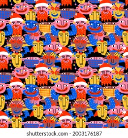 colorful vector seamless pattern-christmas in 70s and 80s psychedelic style.Hand drawn doodle for kids-postcards and posters.Bizarre santa,deer,children. Hippy trendy flat.New year 2022.Low contrast