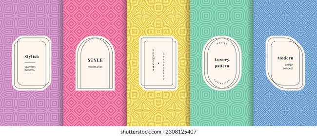 Colorful vector seamless patterns collection. Set of cute backgrounds with modern minimal labels. Abstract geometric floral textures. Spring summer decor. Simple cute pattern design for babies, kids