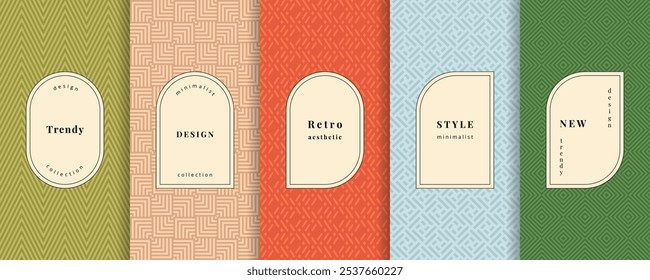 Colección de patrones sin costuras de Vector colorido. Conjunto de fondos lindos con etiquetas minimalistas modernas. Texturas florales geométricas Abstractas. Decoración primavera verano. Diseño lindo simple del patrón para los bebés, los niños