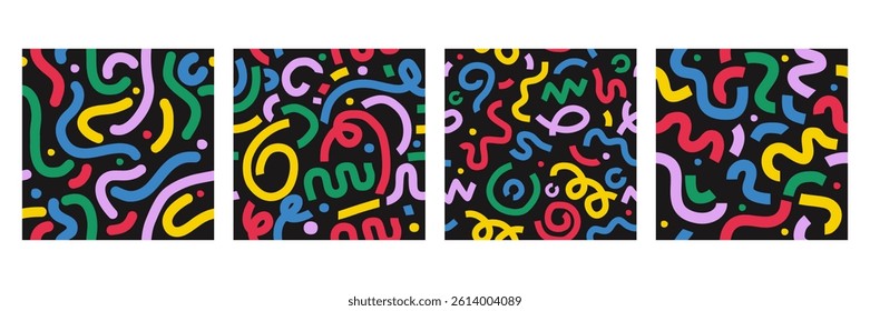 Colorful vector seamless patterns. Doodle fun kid backgrounds. Cute geometric design useful for fabric, textile, cover, banner, label, print, wrapping, wallpaper