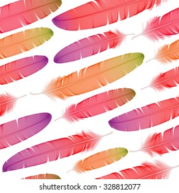Colorful vector seamless red feather pattern. Watercolor background.