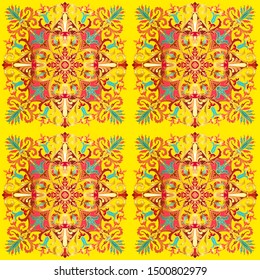 Colorful vector seamless texture pattern in antique roman, empire or baroque for custom textile design, background, cover. Ornamental flowers, motifs. Yellow canary, coral, gold, turquoise colors