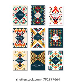 Colorful vector set of 9 card templates with geometric shapes. Abstract ethnic pattern. Elements for brochure, flyer or poster in trendy flat style