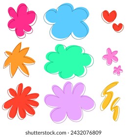 Conjunto de vectores coloridos con flores abstractas en estilo doodle. Rojo, rosa, púrpura, azul, verde 