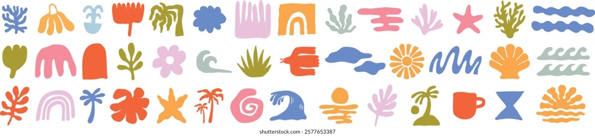 Colorful vector set of abstract summer doodles, organic shapes and forms. Hand drawn Matisse ocean collection. Modern elements in trendy minimalist style for social media banners
