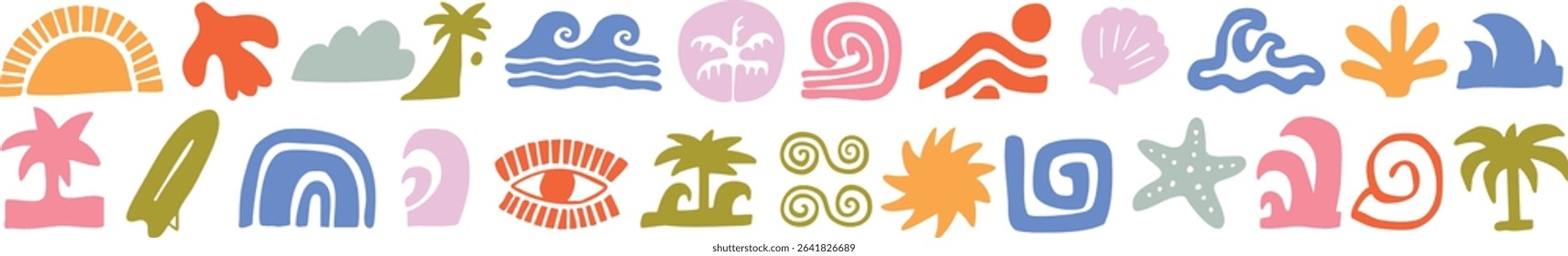 Colorful vector set of abstract summer doodles, organic shapes and forms. Hand drawn Matisse ocean collection. Modern elements in trendy minimalist style for social media banners