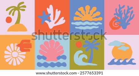Colorful vector set of abstract summer doodles, organic shapes and forms. Hand drawn Matisse ocean collection. Modern elements in trendy minimalist style for social media banners
