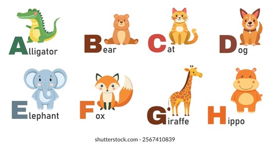 Colorful Vector Set of Alphabet Animals A-H: Adorable Alligator, Bear, Cat, Dog, Elephant, and Fox for Kids' Educational Learning and Preschool Activities