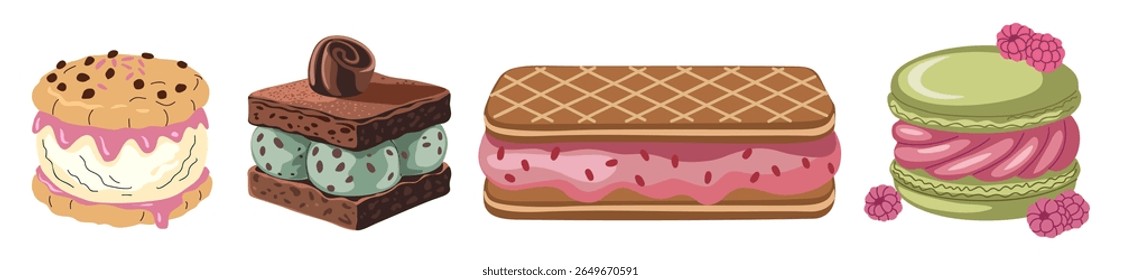 Colorful vector set of assorted sandwich ice creams with cookies, waffles, and macarons. Fun, sweet dessert illustrations perfect for summer, menu design, packaging, or children’s themes