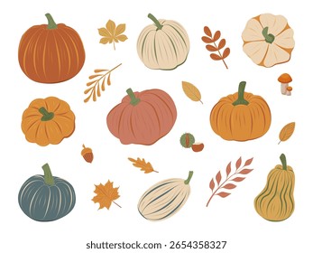 Colorful vector set of autumn pumpkins and fall leaves in various shapes. Perfect for Harvest and Thanksgiving decor, Halloween cards, posters and banners.