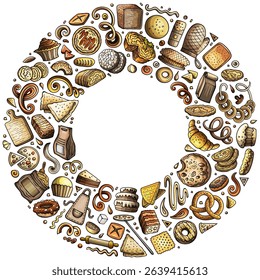 Colorful vector set of bakery cartoon doodle objects, symbols and items. Round frame composition