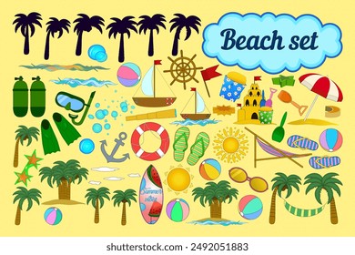 Colorful vector set of beach-themed elements including palm trees, sandcastles, and beach balls. Ideal for summer designs and projects.