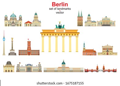 Colorido conjunto de vectores de Berlín, Alemania hitos. Ilustración plana vectorial de las atracciones de la fachada berlinesa aislada en blanco. Icono del vector,concepto de viaje del esquema de construcción.Ilustración de material