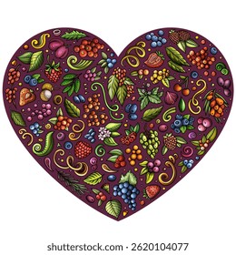 Colorful vector set of Berries cartoon doodle objects, symbols and items. Heart form composition