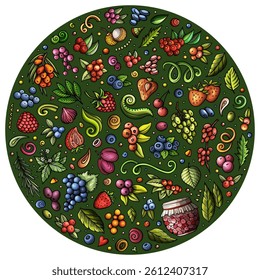 Colorful vector set of Berry fruits cartoon doodle objects, symbols and items. Round composition