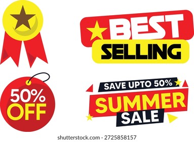Un colorido conjunto de Vectores de las insignias promocionales más vendidas y de venta de verano que incluyen 50 por ciento de descuento en la etiqueta, icono de premio de cinta y etiquetas de marketing. Perfecto para comercio electrónico, promociones minoristas, tiendas en línea, anuncios de redes sociales, volantes, Anuncios y campañas de ventas de temporada.