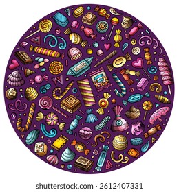 Colorful vector set of Candies cartoon doodle objects, symbols and items. Round composition