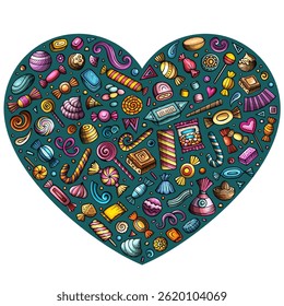 Colorful vector set of Candies cartoon doodle objects, symbols and items. Heart form composition