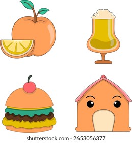 Um vetor colorido conjunto de ícones de estilo cartoon com um pêssego com fatia, um copo de cerveja, um hambúrguer empilhado com cereja e uma casa fofa com um rosto
