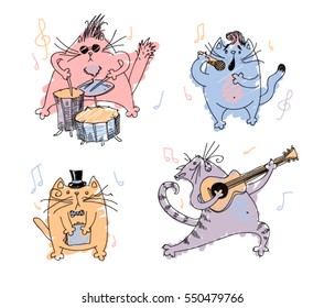 Colorful vector set of cats giving a music concert. Singer, guitarist, drummer and the show's host. Cats sing and play music.