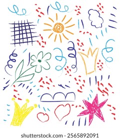 Colorful vector set of children's girly pencil doodles. Hand drawn crown, stars, flower, hearts and squiggles. Children's freehand doodles and hand drawn pencil shapes. Colorful charcoal drawings.