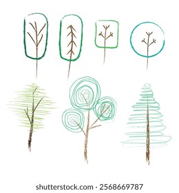 Colorful vector set of children's pencil doodles.  Hand-drawn trees and a scattering of colored squiggles.  Children's freehand doodles and hand drawn pencil shapes. Colorful charcoal drawings.