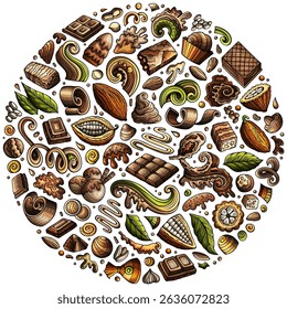 Colorful vector set of Chocolate cartoon doodle objects, symbols and items. Round composition