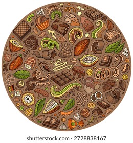 Colorido conjunto de Vectores de dibujos animados de chocolate doodle objetos, símbolos y artículos. Composición redonda. Dibujado a mano, no AI