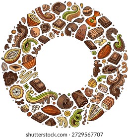 Colorful vector set of Chocolate cartoon doodle objects, symbols and items. Round frame composition. Hand drawn, not AI