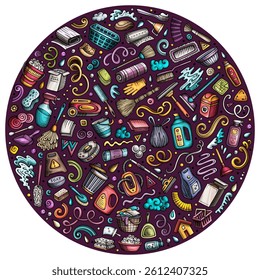 Colorful vector set of Cleaning cartoon doodle objects, symbols and items. Round composition