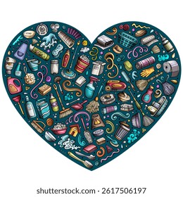 Colorful vector set of Cleaning cartoon doodle objects, symbols and items. Heart form composition