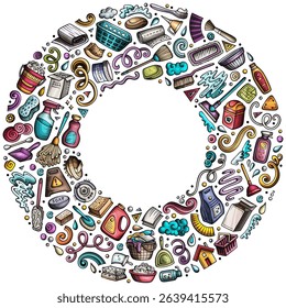 Colorful vector set of Cleaning cartoon doodle objects, symbols and items. Round frame composition