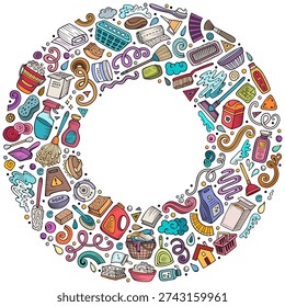 Colorful vector set of Cleaning cartoon doodle objects, symbols and items. Round frame composition