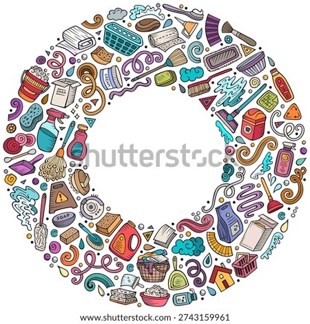 Colorful vector set of Cleaning cartoon doodle objects, symbols and items. Round frame composition
