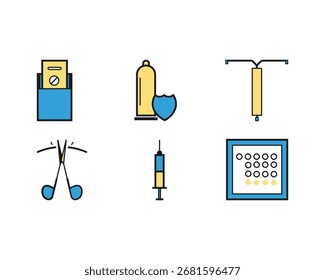 Colorido conjunto de Vectores de anticonceptivos y métodos anticonceptivos, incluyendo píldoras, condones, DIU, jeringuillas, tijeras de esterilización y tiras de píldoras.