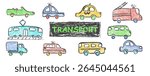 Colorful vector set of crayon drawn vehicles including police, passenger car, ambulance, fire truck, taxi and train. Wax pastel squiggles with charcoal texture for nursery kindergarten education style