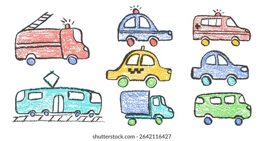 Colorful vector set of crayon drawn vehicles including police, passenger car, ambulance, fire truck, taxi and train. Wax pastel squiggles with charcoal grunge texture for kindergarten education style