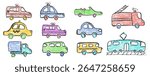 Colorful vector set of crayon-drawn vehicles including police, passenger car, ambulance, fire truck, taxi and train. Wax pastel squiggles with charcoal texture for kindergarten education style