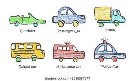 Colorful vector set of crayon-drawn vehicles including police, passenger car, ambulance, truck, convertible, and school bus. Wax pastel squiggles with charcoal texture for kindergarten education style