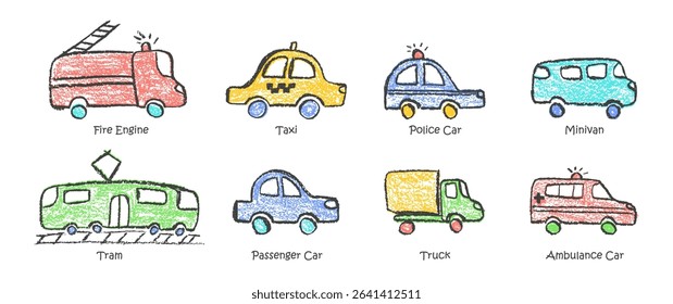 Colorful vector set of crayon-drawn vehicles including police, passenger car, ambulance, fire truck, taxi and train. Wax pastel squiggles with charcoal texture for kindergarten education style