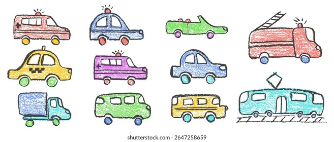 Colorful vector set of crayon-drawn vehicles including police, passenger car, ambulance, fire truck, taxi and train. Wax pastel squiggles with charcoal texture for kindergarten education style